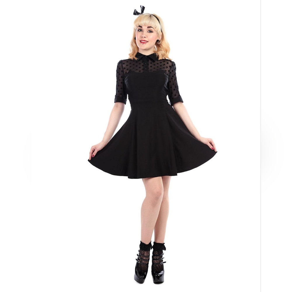 EUC Collectif Wednesday Black Flocked Polka Dot Collared Swing Dress